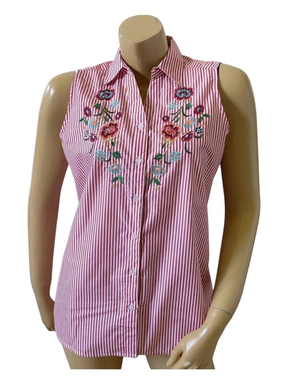 Grand & Greene Shirt Womens Small Red White Stripe Floral Embroidered Sleeveless
